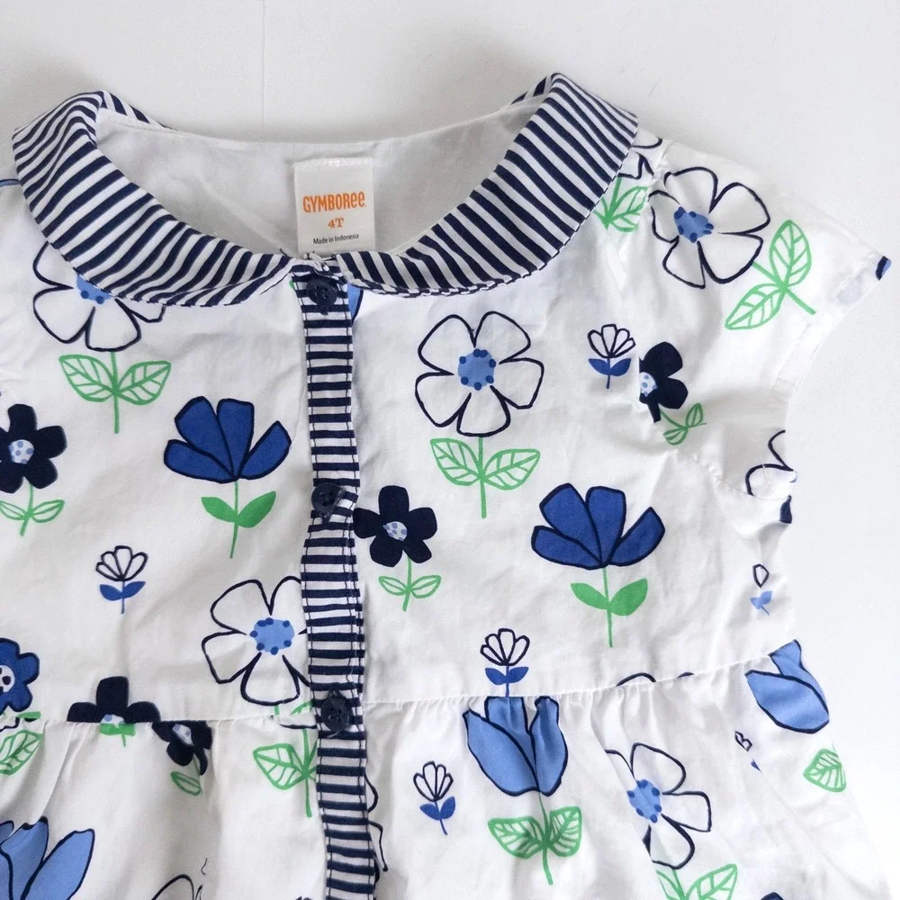 Gymboree Floral Top Toddler‎ 4T White Blue Striped Peter Pan Collar Peplum